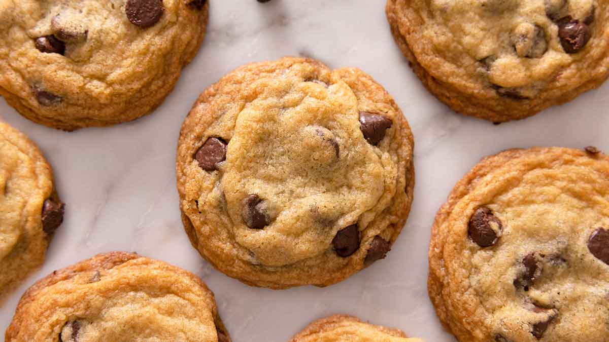 Freshly baked soft chocolate chip cookies with melted chocolate chips