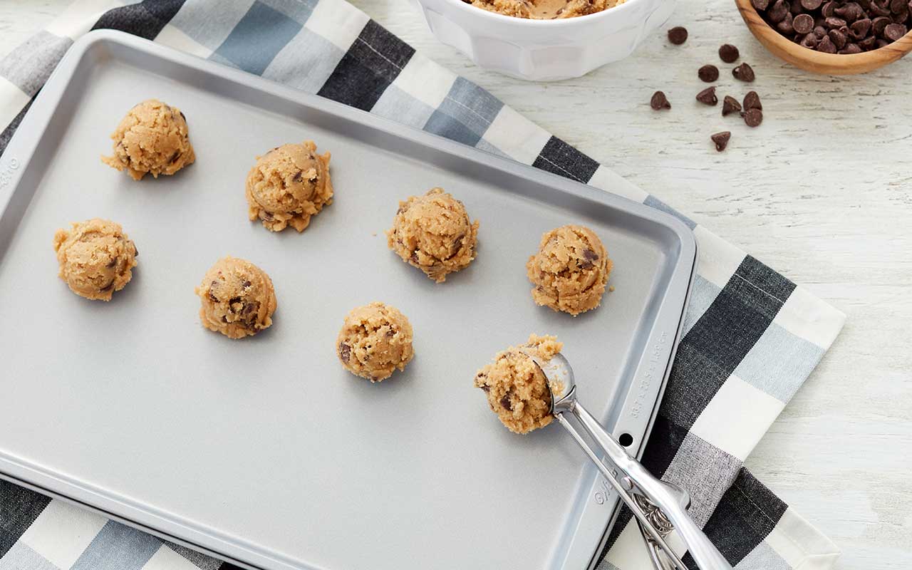 Cookies on a baking sheet ready for the oven